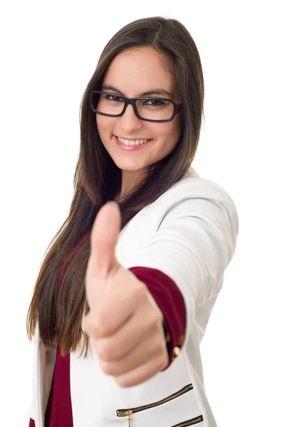 Young business woman going thumbs up isolated — Stock Photo, Image