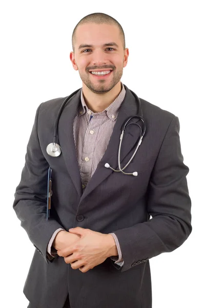 Médico varón feliz, aislado sobre fondo blanco —  Fotos de Stock