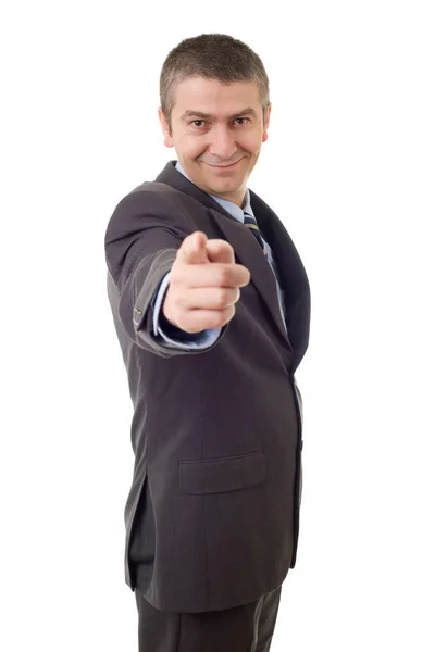 Happy business man pointing, isolated on white — Stock Photo, Image