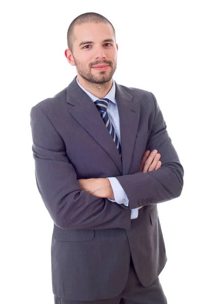 Retrato hombre de negocios feliz aislado en blanco — Foto de Stock