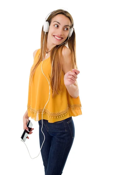 Mulher ouvir música com fones de ouvido, isolado — Fotografia de Stock