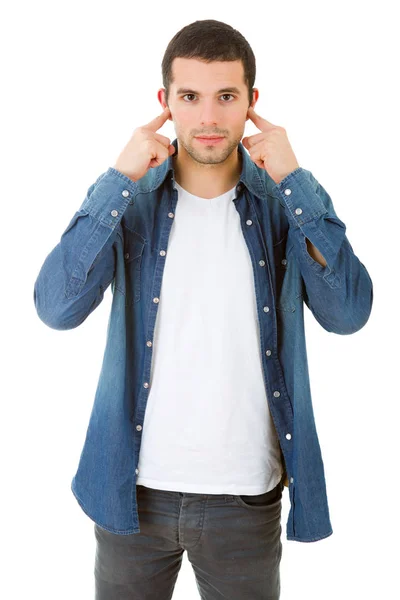 Handsome young man covering his ears, isolated — Stock Photo, Image