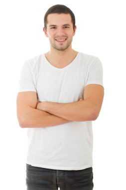 Genç, mutlu, sıradan bir erkek portresi, beyaz tenli.