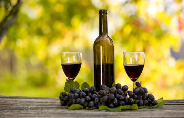 木製のテーブルの屋外でワインボトルとブドウ — ストック写真