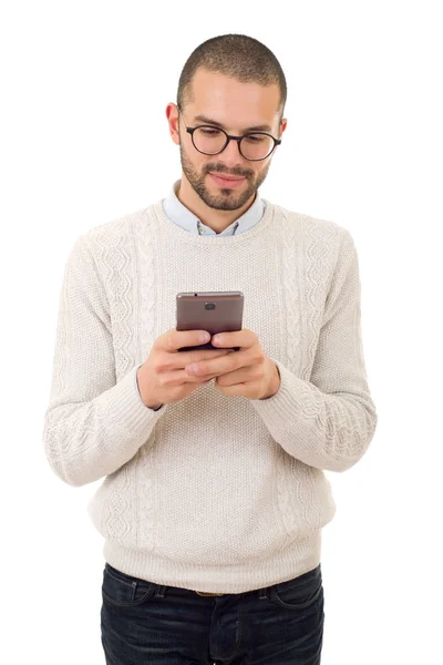 Young casual happy man with a phone, isolated — Stock Photo, Image