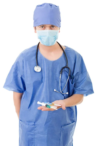 Médico do hospital com algumas seringas isoladas sobre fundo branco — Fotografia de Stock