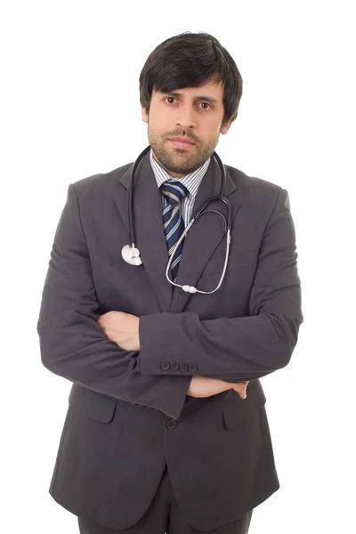Glad manlig läkare, isolerad på vit bakgrund — Stockfoto