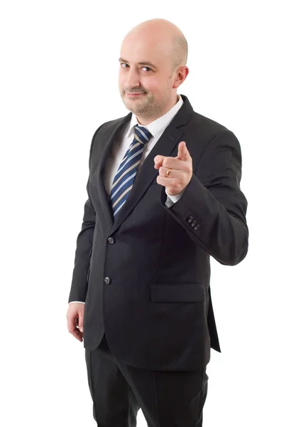 Człowiek szczęśliwy biznesu, wskazując, biały na białym tle na — Zdjęcie stockowe