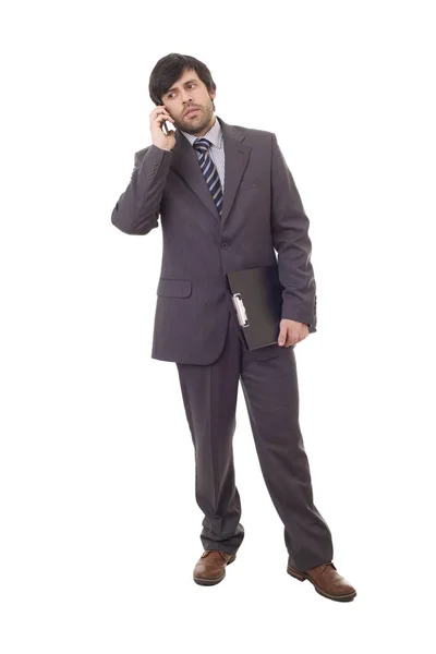 Homem de negócios feliz no telefone, comprimento total, isolado — Fotografia de Stock