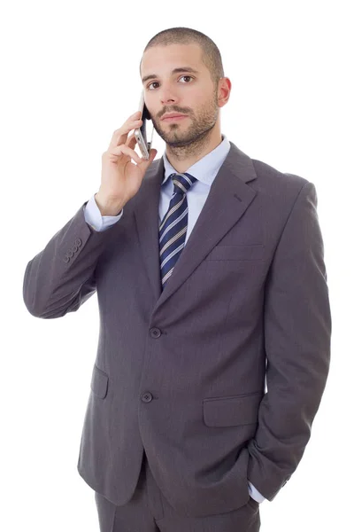 Zmartwiony biznesmen przez telefon, odizolowany — Zdjęcie stockowe