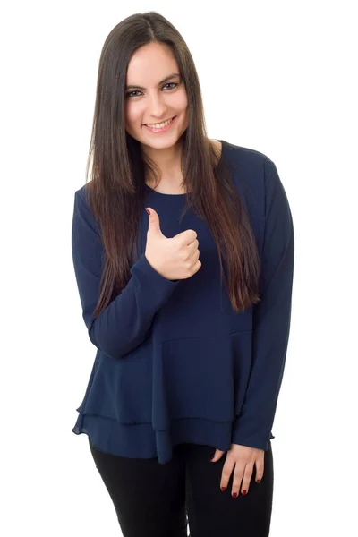 Casual woman going thumbs up, isolated on white background — Stock Photo, Image