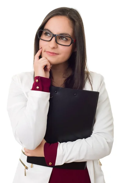 Jonge zakenvrouw denken geïsoleerd op witte achtergrond — Stockfoto