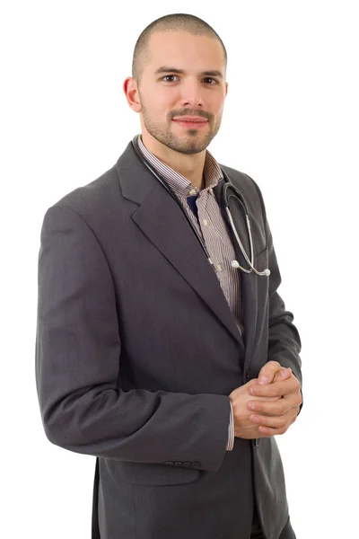 Médico varón feliz, aislado sobre fondo blanco —  Fotos de Stock