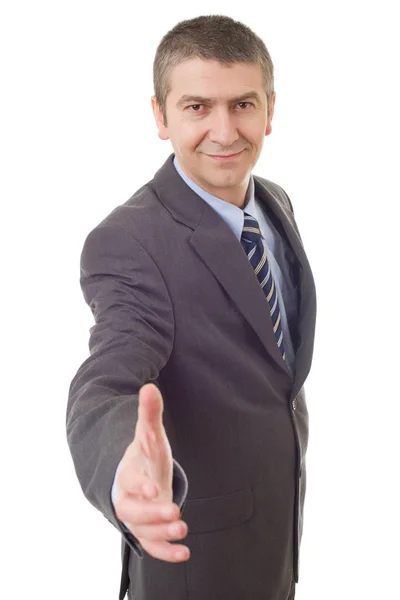Uomo d'affari in giacca e cravatta offrendo di stringere la mano, isolato — Foto Stock