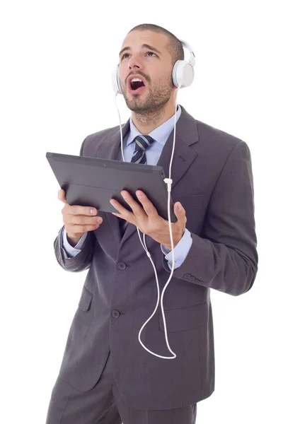 Szczęśliwy biznesmen pracę z komputera typu tablet, na białym tle — Zdjęcie stockowe
