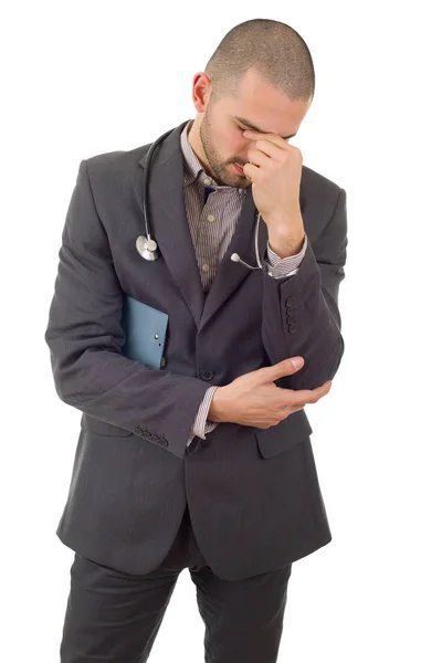 Worried doctor, thinking with his notes, isolated — Stock Photo, Image