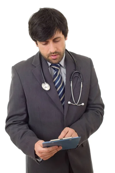 Arzt denkt mit seinen Notizen, isoliert — Stockfoto