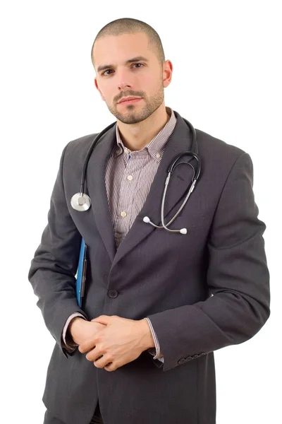 Doctor thinking with his notes, isolated — Stock Photo, Image