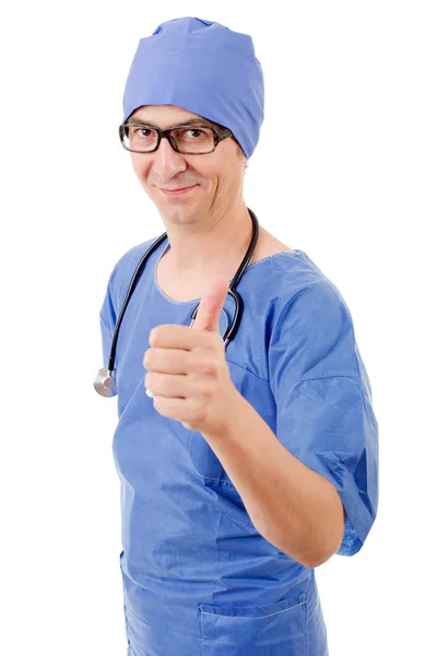 Médico macho feliz mostrando polegares para cima, isolado Imagem De Stock