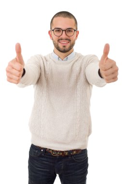 Yaşasın, izole üzerinde beyaz giden mutlu casual adam