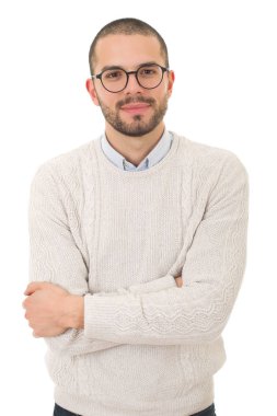 casual adam beyaz zemin üzerine izole mutlu