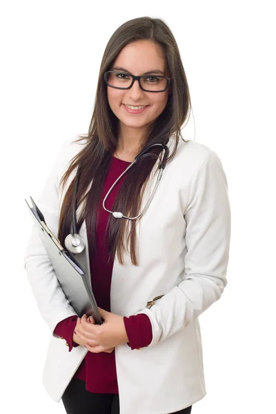 Sorridente médico feminino com pose confiante isolado — Fotografia de Stock