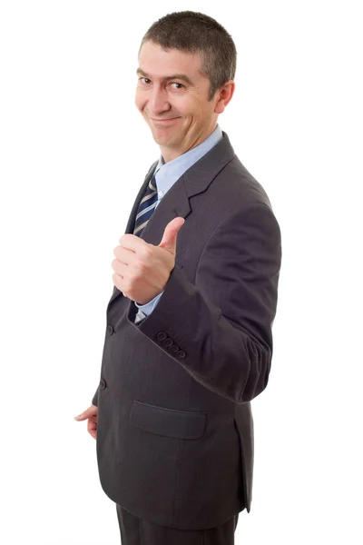Молодий бізнесмен піднімається на великий палець, ізольований на білому — стокове фото