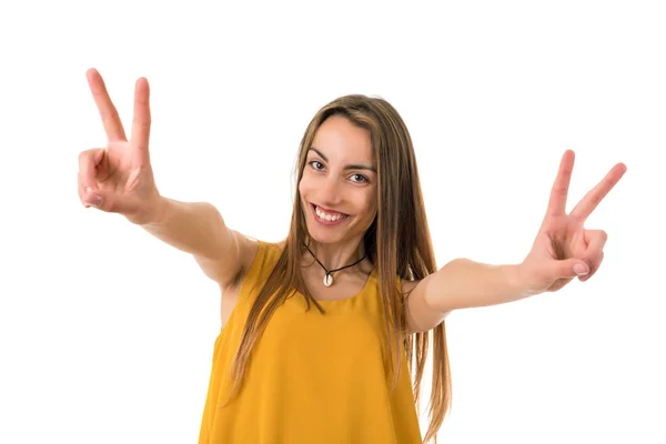 Happy young woman winning, isolated on white — Stock Photo, Image