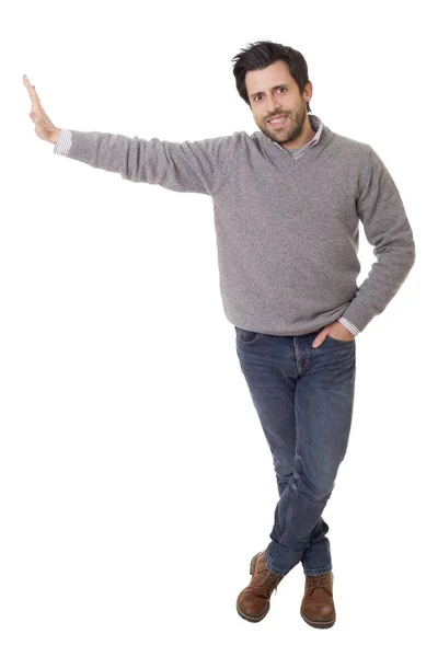 Homem com braço para fora em um gesto mostrando, isolado — Fotografia de Stock
