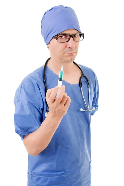 Irrer Arzt mit Spritze isoliert über weißem Hintergrund — Stockfoto