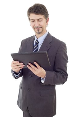 Dokunmatik tablet bilgisayarı kullanan işadamı, izole