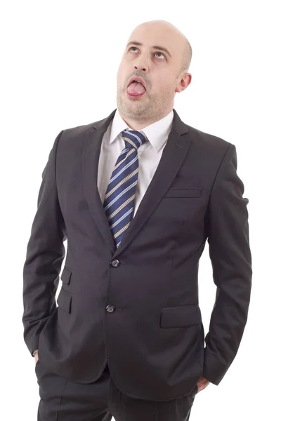 Tired businessman in a suit looking up, isolated — Stock Photo, Image