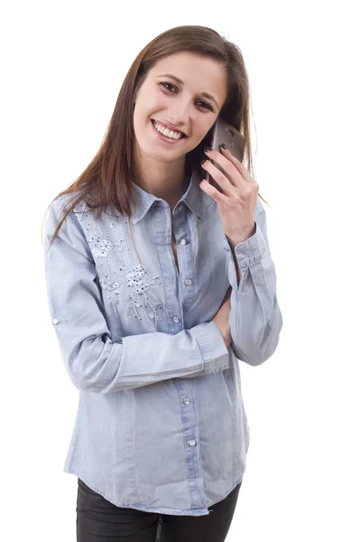 Casual happy woman with a phone, isolated — Stock Photo, Image