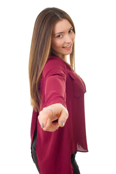 Mujer hermosa casual señalando, aislado en blanco —  Fotos de Stock