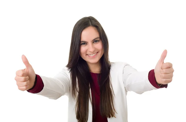 Mujer de negocios va pulgares arriba aislado en blanco —  Fotos de Stock