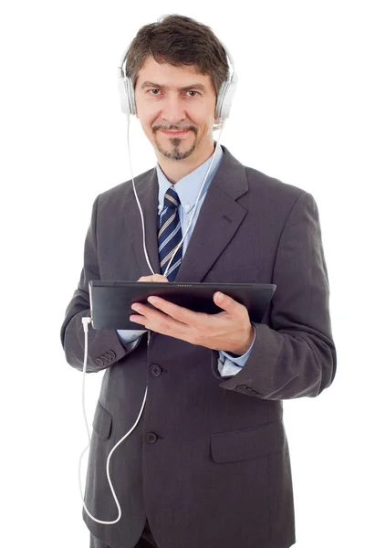 Hombre de negocios con tablet pc y auriculares, aislado —  Fotos de Stock