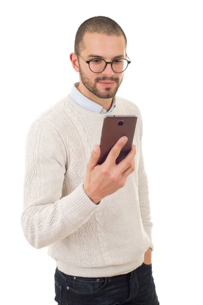 Casual glad ung på telefon, isolerade — Stockfoto