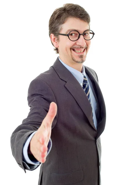 Affärsman i kostym erbjuder sig att skaka hand, isolerad — Stockfoto