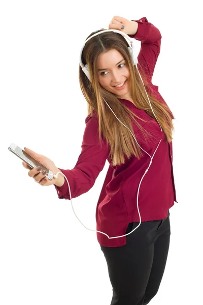 Mulher ouvir música com fones de ouvido, isolado — Fotografia de Stock