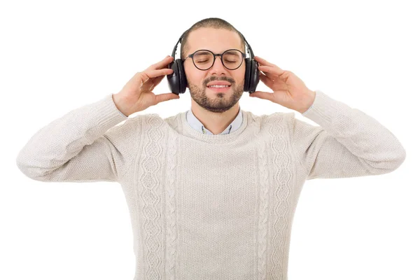 Homem ouvindo música com fones de ouvido, isolado — Fotografia de Stock