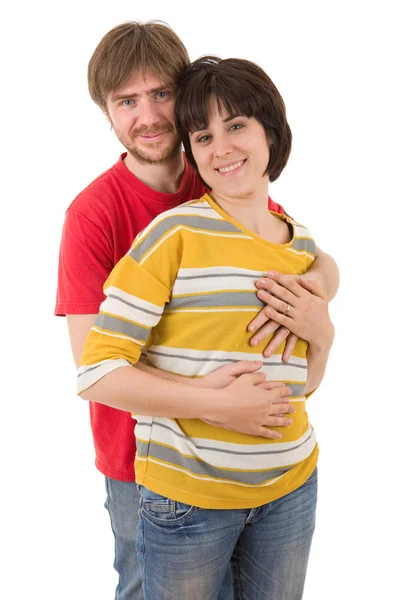 Jovem casal feliz retrato isolado no fundo branco — Fotografia de Stock