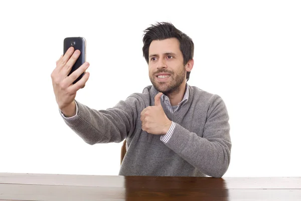 Man taking selfie photo with mobile phone camera posing happy — Stock Photo, Image