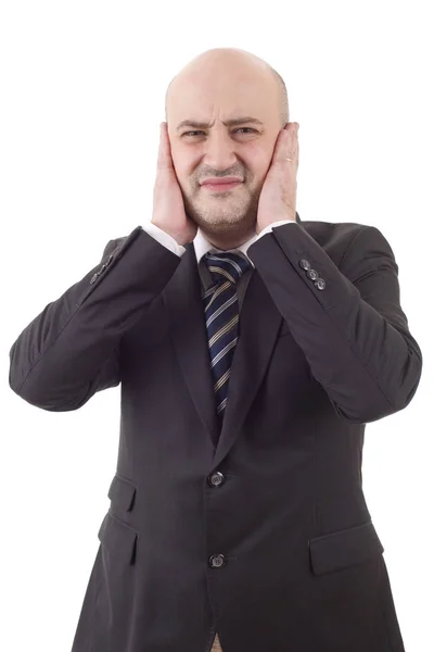 Biznesmen w garniturze gesty z bólem głowy, odizolowany — Zdjęcie stockowe