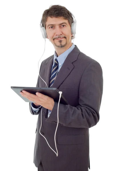 Geschäftsmann mit Tablet-PC und Kopfhörer, isoliert — Stockfoto