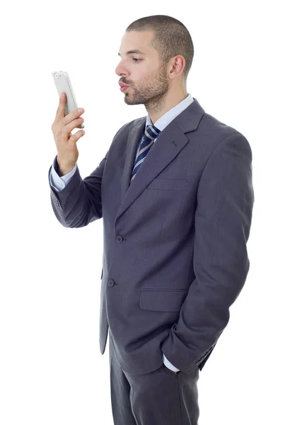 Businessman in suit and tie taking selfie photo with mobile phone — Stock Photo, Image