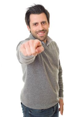 mutlu casual adam işaret ederek, izole üzerinde beyaz