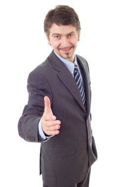 Takım elbiseli işadamı elini sıkmayı teklif ediyor.