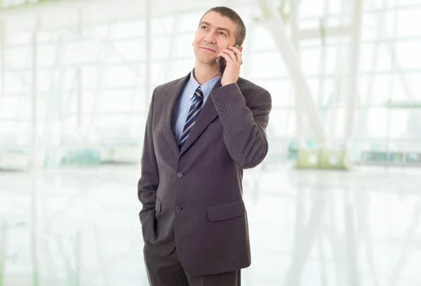 Glad affärsman på telefon, på kontoret — Stockfoto