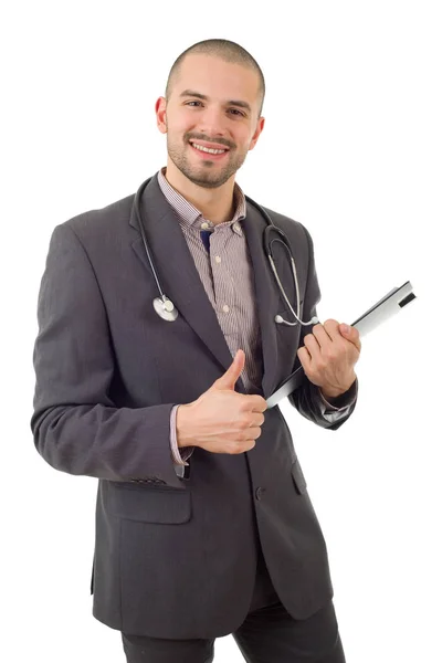 Gelukkig man dokter gaan duim omhoog, geïsoleerd op witte achtergrond — Stockfoto