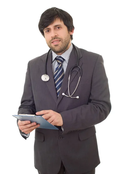 Gelukkig man dokter, geïsoleerd op witte achtergrond — Stockfoto